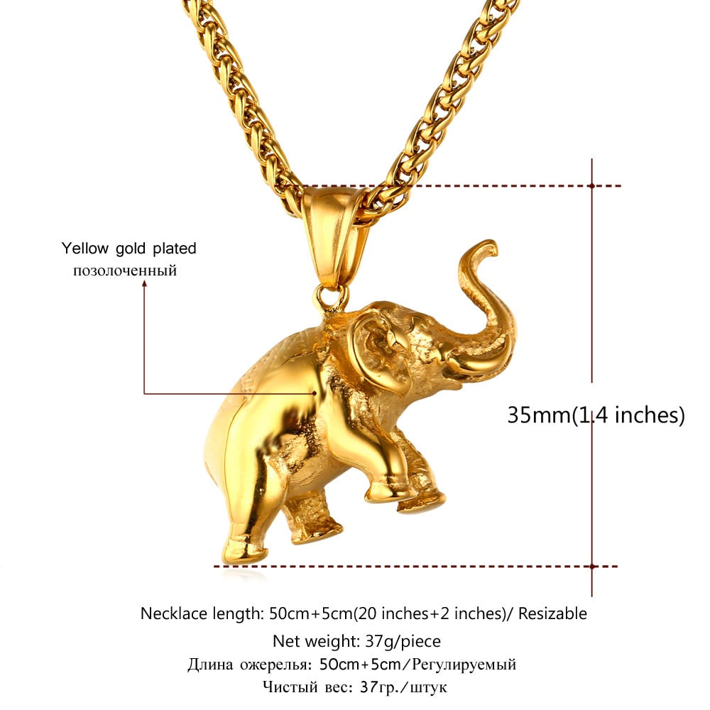 U7 Stainless Steel Gold Color Trendy Elephant Charm Pendant Necklace for Man Thick Chain Animal Lucky Jewelry Gift P755