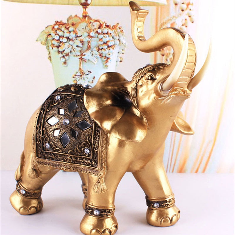 Golden Resin Elephant Statue Feng Shui Elegant Elephant Trunk Sculpture Lucky Wealth Figurine Crafts Ornaments For Home Decor