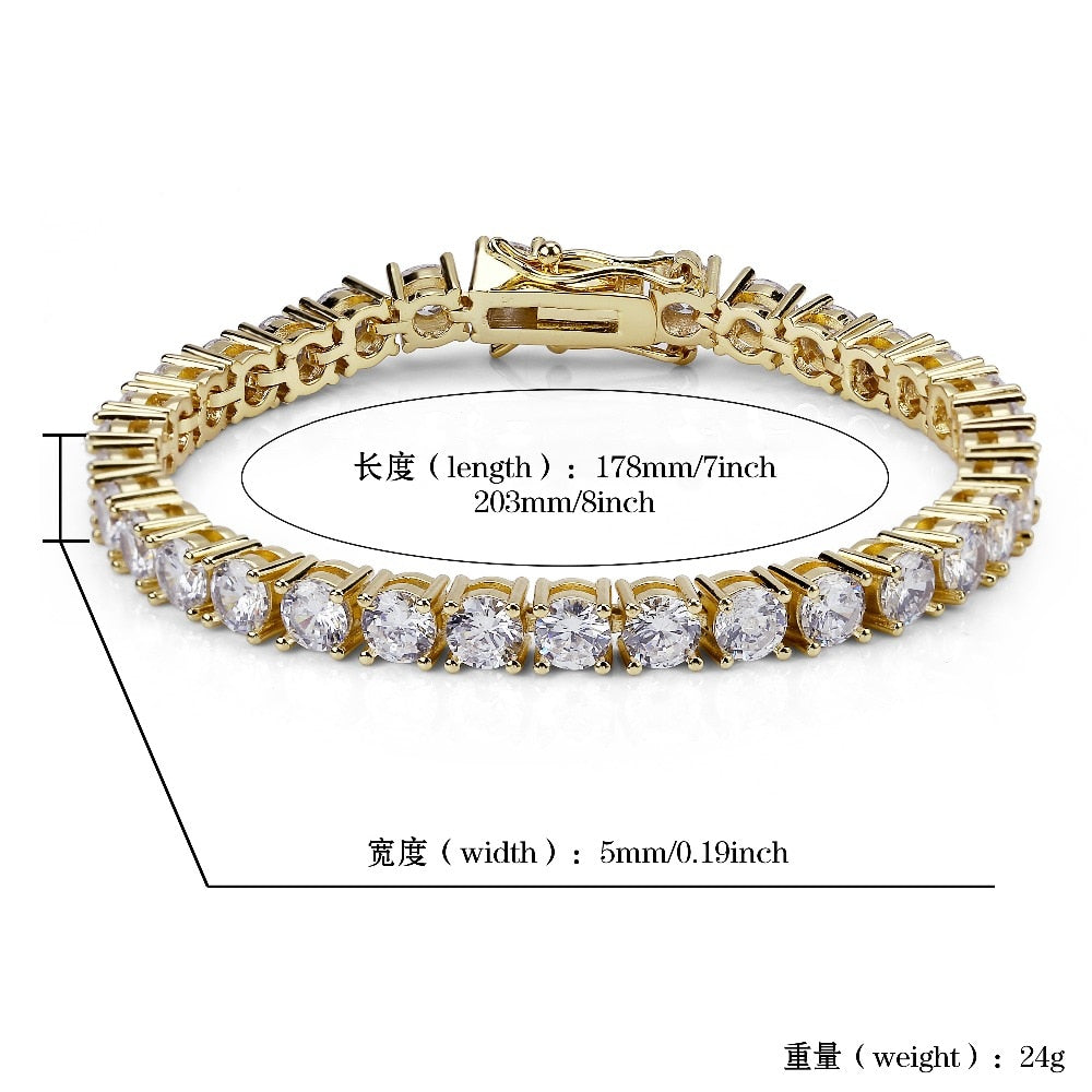 3mm-6mm Mens/Women  AAA+ Cubic Zirconia Tennis Bracelet Hip Hop Jewelry Iced Out 1 Row Gold Color CZ Charms Bracelet For Gifts