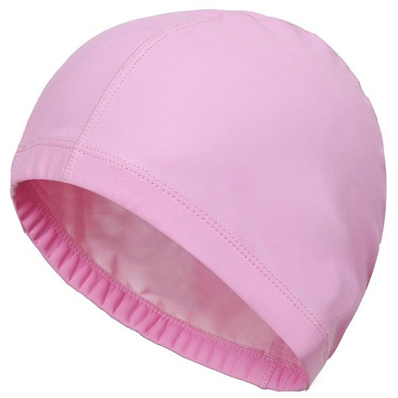 2021 Elastic Waterproof PU Fabric Protect Ears Long Hair Sports Swim Pool Hat Swimming Cap Free size for Men &amp; Women Solid Color