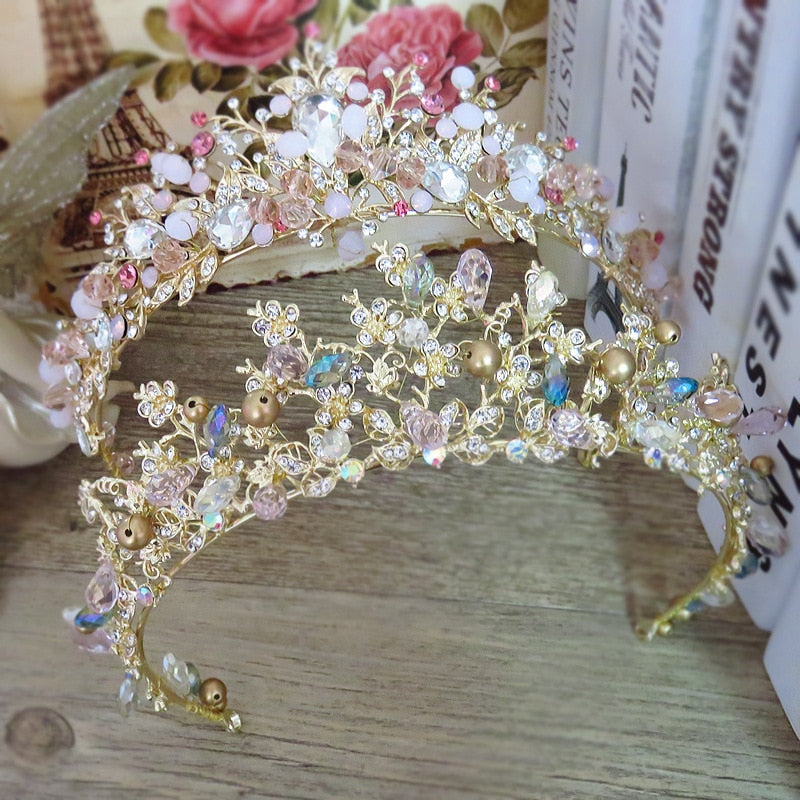 Brides Hair Jewelry Baroque Handmade Beaded Pink Gold Color Crowns Crystal Tiara Sweet Princess Tiaras Wedding Hair Accessories