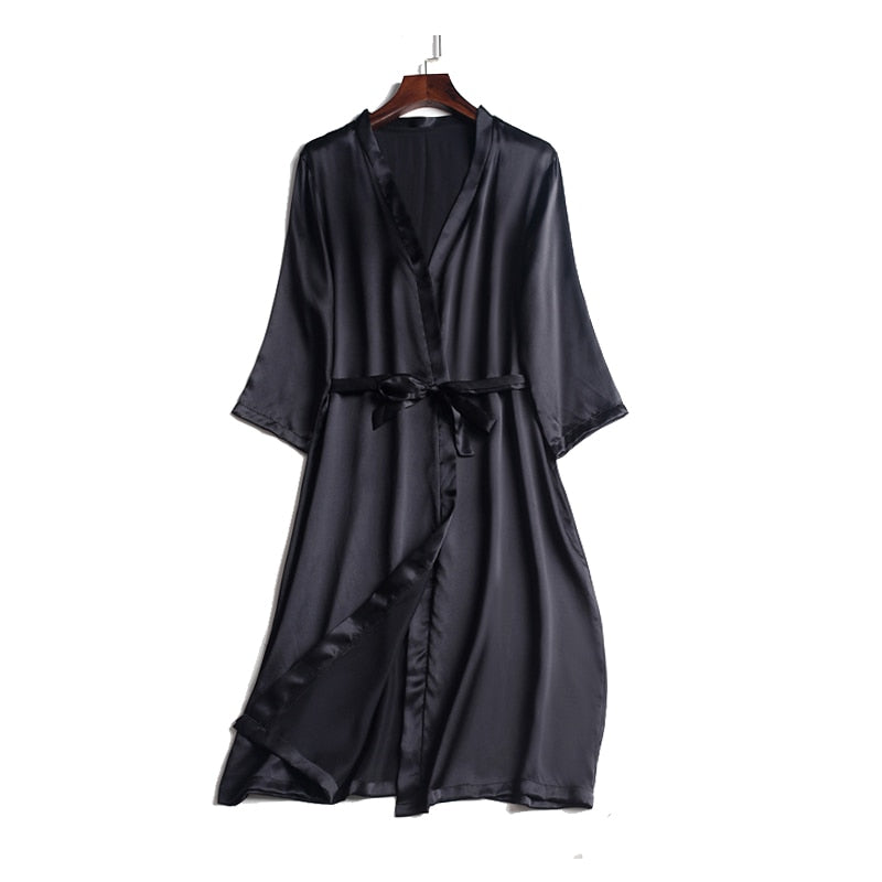 SuyaDream 100% Natural silk Women Robes Silk Satin Knee length robe Belted Healthy Sleep wear 2021 Spring Fall Home Wears Kimono