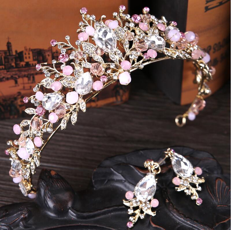 Brides Hair Jewelry Baroque Handmade Beaded Pink Gold Color Crowns Crystal Tiara Sweet Princess Tiaras Wedding Hair Accessories