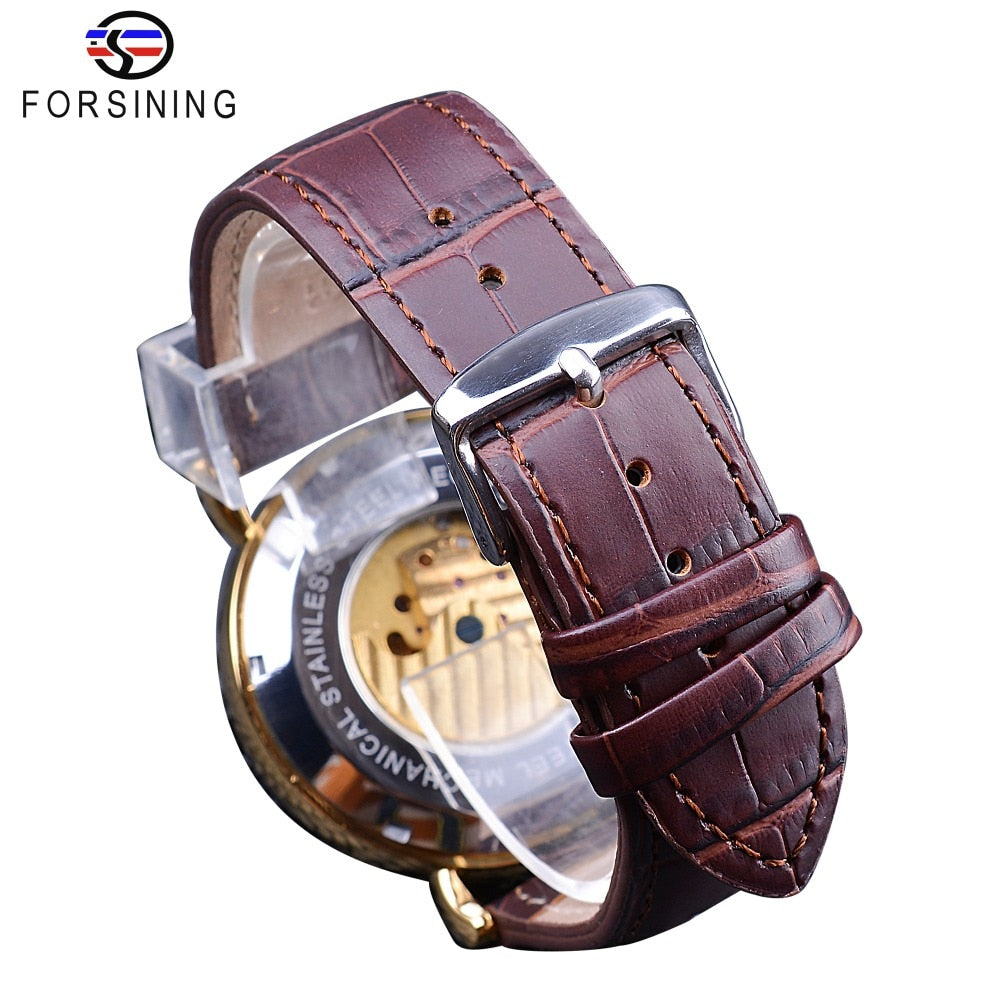 Forsining 2018 Royal Golden Skeleton Display Blue Hands Brown Genuine Leather Belt Mens