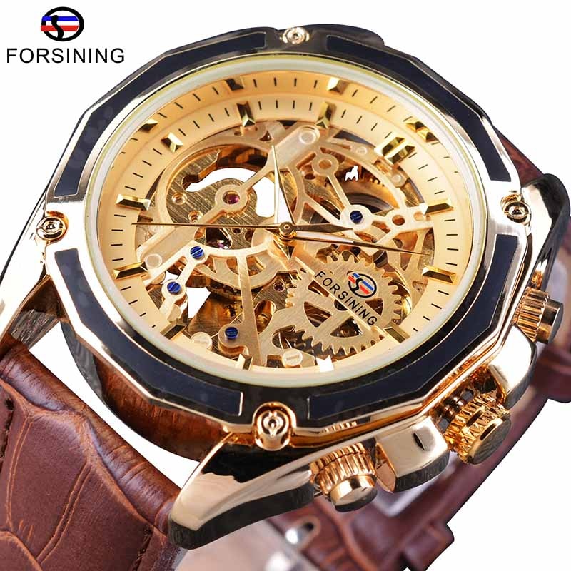 Forsining 2018 Royal Golden Skeleton Display Blue Hands Brown Genuine Leather Belt Mens