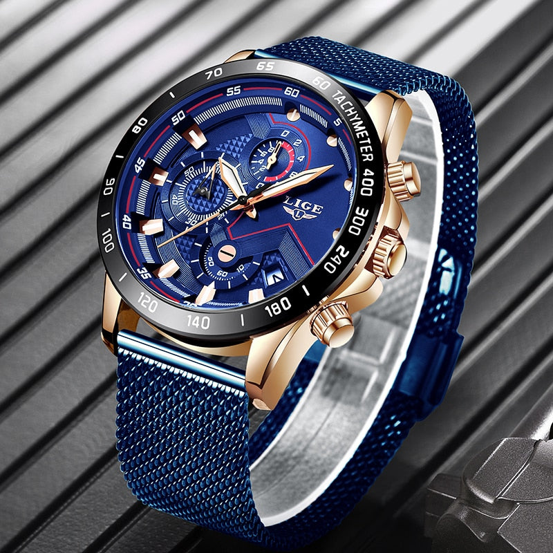 2022 New LIGE Blue Casual Mesh Belt Fashion Quartz Gold Watch Mens Watches Top Brand Luxury Waterproof Clock Relogio Masculino