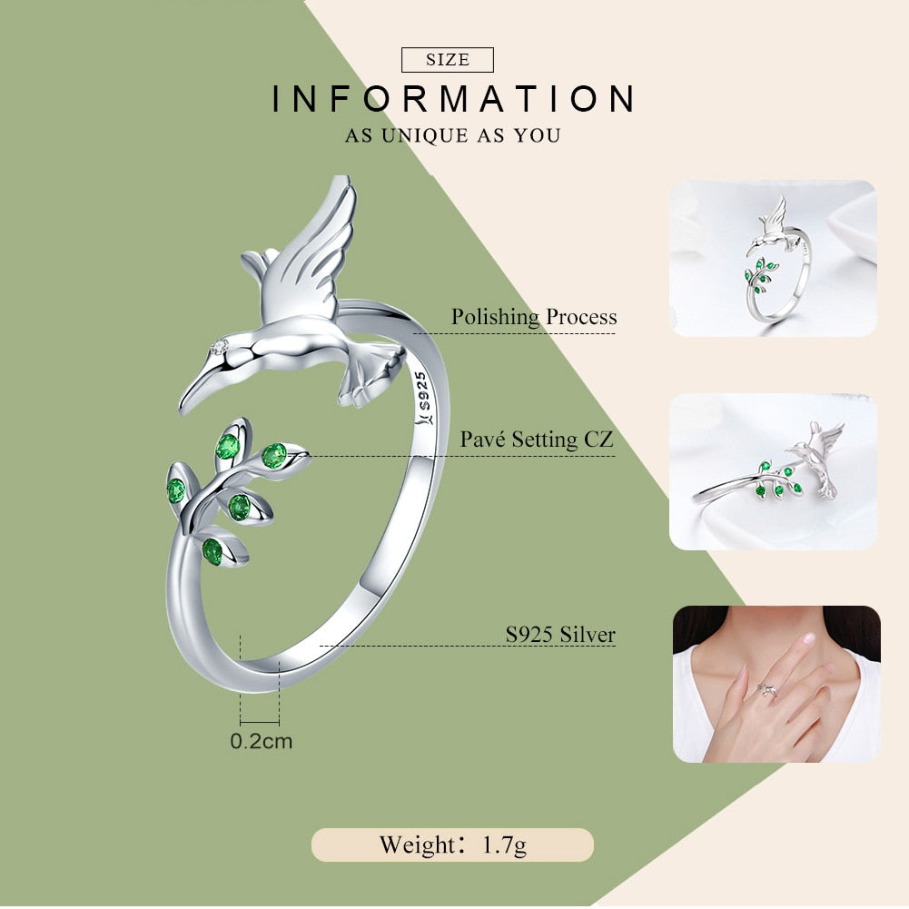 WOSTU Authentic 925 Sterling Silver Hummingbird &amp; Leaves Ring For Women Nature Style S925 Silver Jewelry Gift CQR323