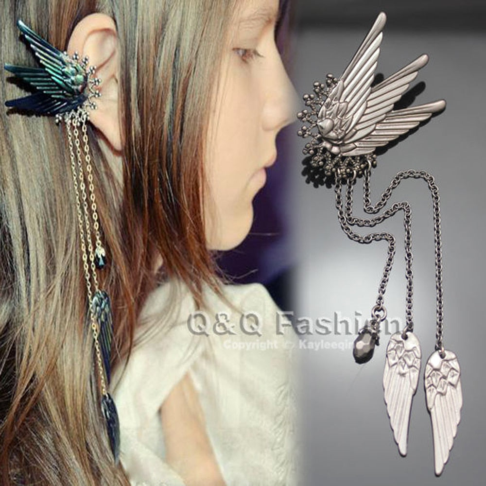 Fairy Tail Elf Pixie Angel Wing Long Chain Tassel Ear Cuffs Ear Clip On Pinzas Earrings oorbellen Brincos Fancy Dress Jewelry