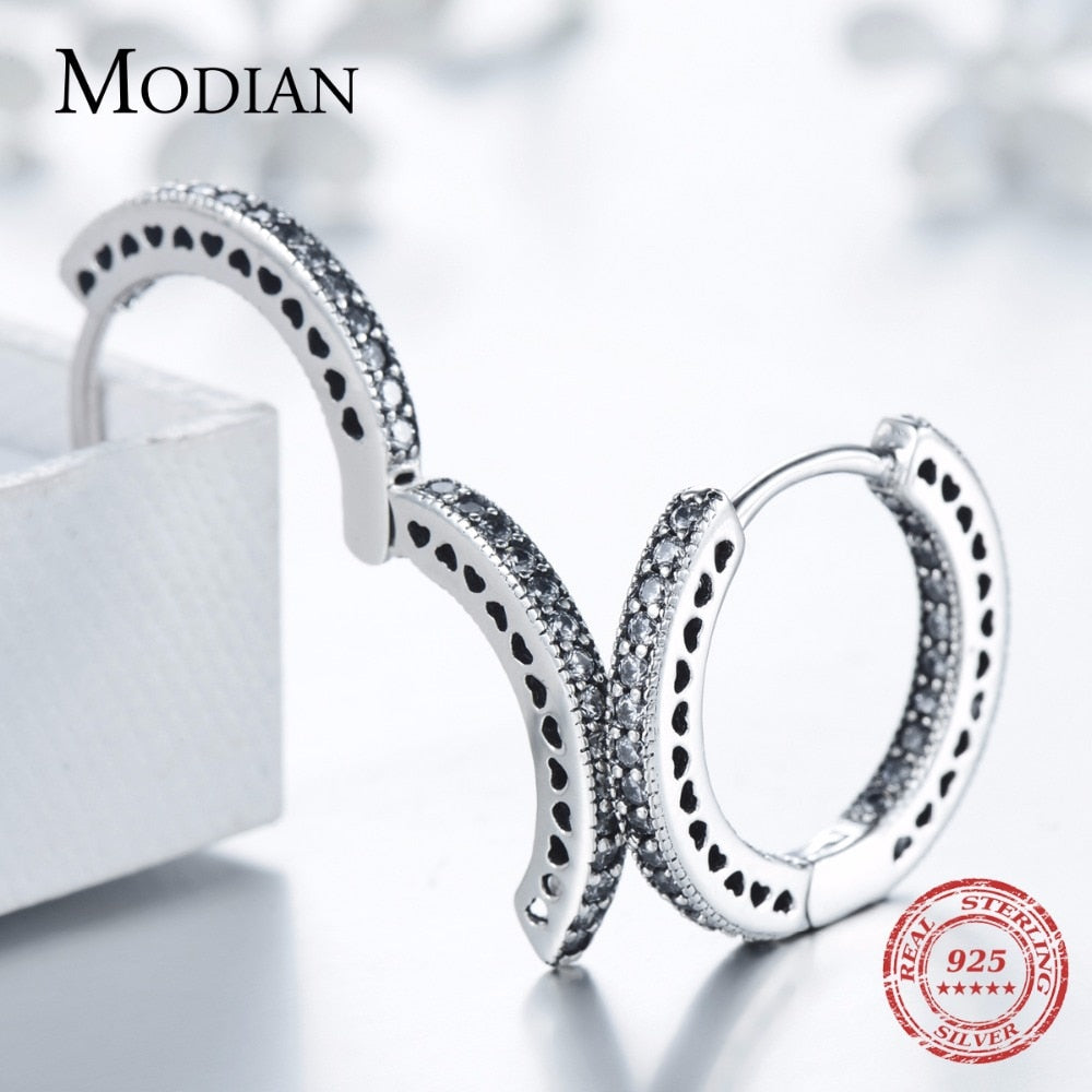 Modian Real 925 Sterling Silver Classic Full Hearts Hoop Earrings Luxury Cubic Zirconia Fashion Jewelry For Women Wedding Gift