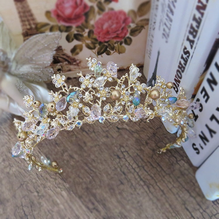 Brides Hair Jewelry Baroque Handmade Beaded Pink Gold Color Crowns Crystal Tiara Sweet Princess Tiaras Wedding Hair Accessories