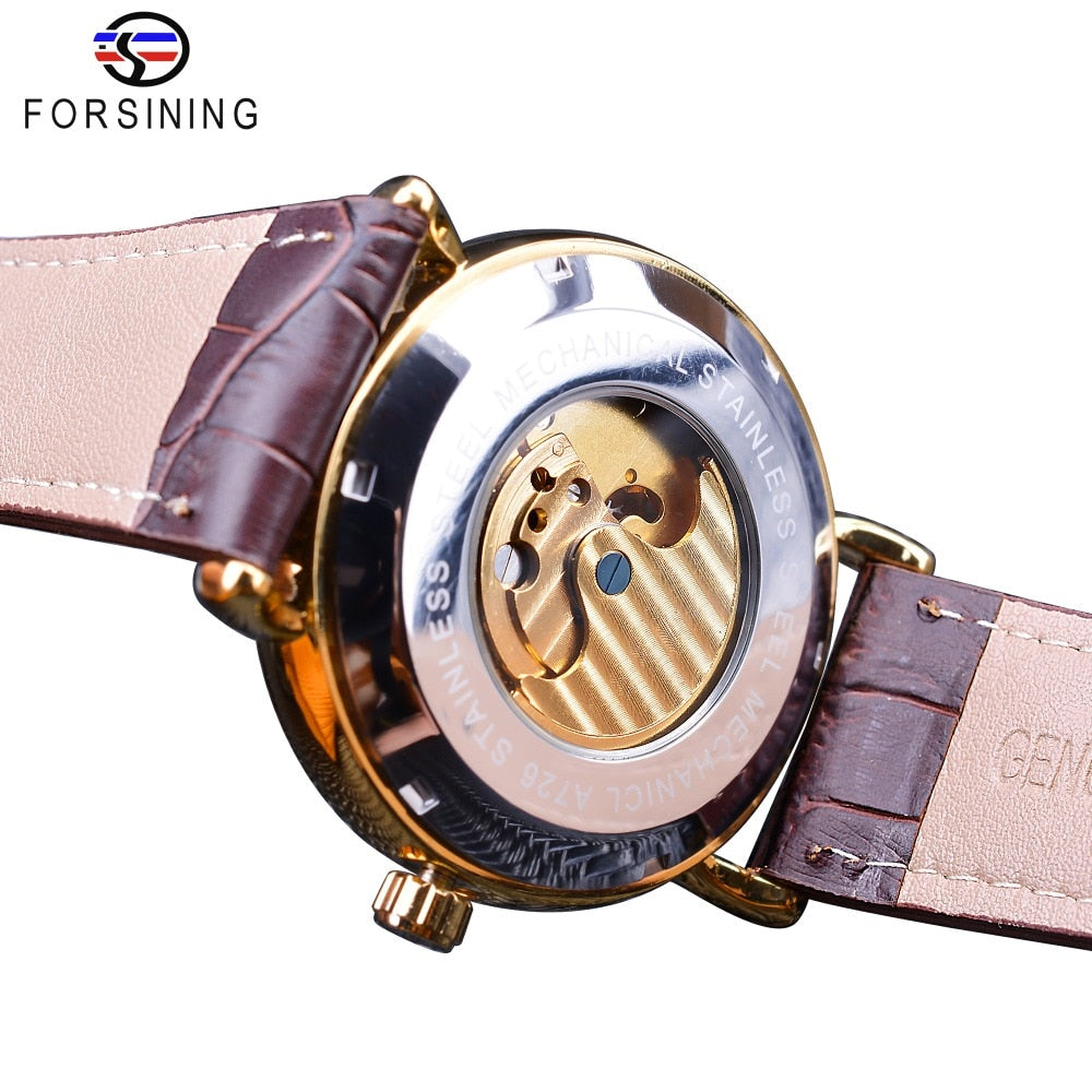 Forsining 2018 Royal Golden Skeleton Display Blue Hands Brown Genuine Leather Belt Mens