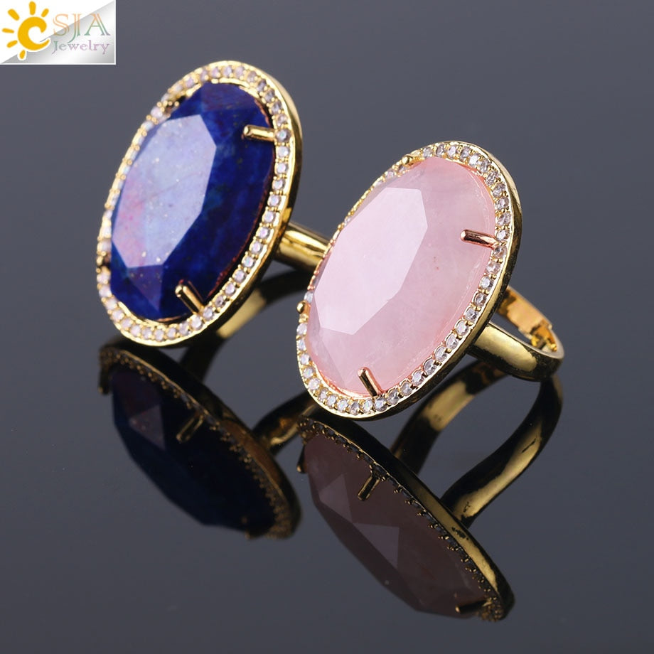 CSJA Natural Gem Stone Faceted Opening Adjustable Ring Gold Color Plated Crystal CZ Zircon Rhinestone Rings for Women Men F458
