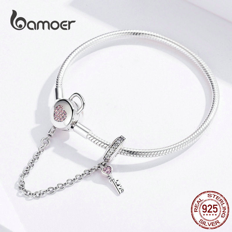 Bamoer 925 Sterling Silver Snake Chain Bracelet Zircon Pink Heart Lock and Key Safety Charm Bracelet for Women Gift SCB143