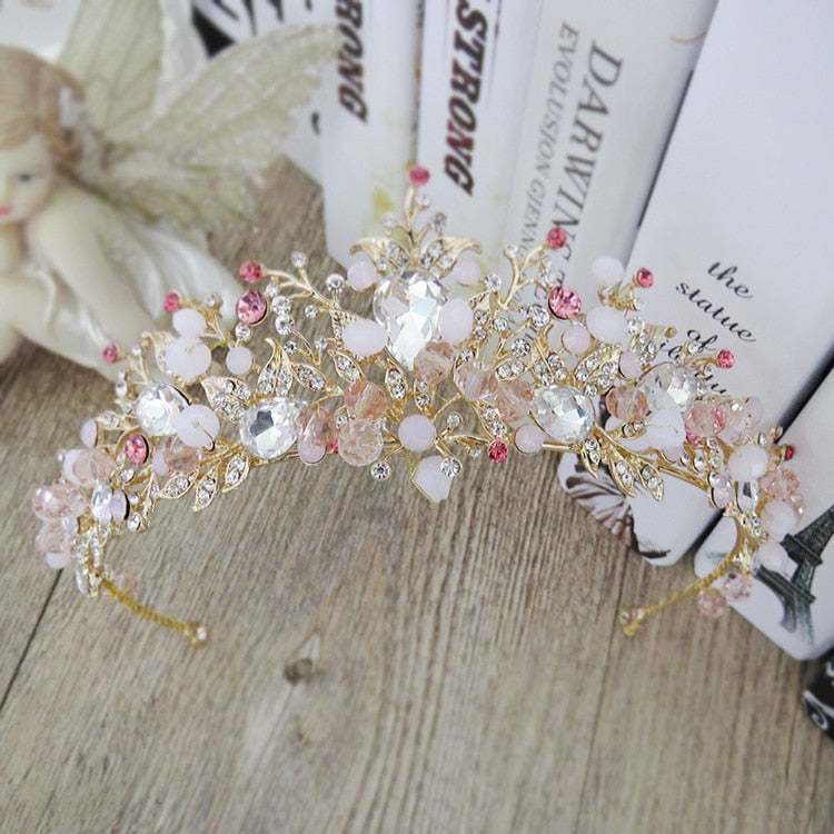 Brides Hair Jewelry Baroque Handmade Beaded Pink Gold Color Crowns Crystal Tiara Sweet Princess Tiaras Wedding Hair Accessories