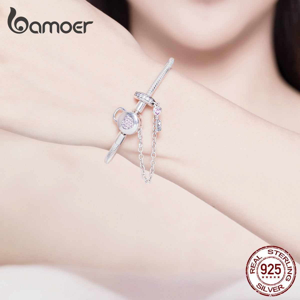 Bamoer 925 Sterling Silver Snake Chain Bracelet Zircon Pink Heart Lock and Key Safety Charm Bracelet for Women Gift SCB143