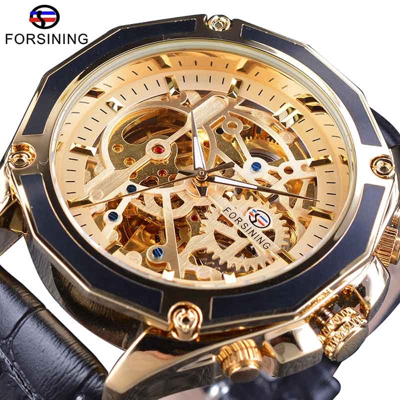 Forsining 2018 Royal Golden Skeleton Display Blue Hands Brown Genuine Leather Belt Mens