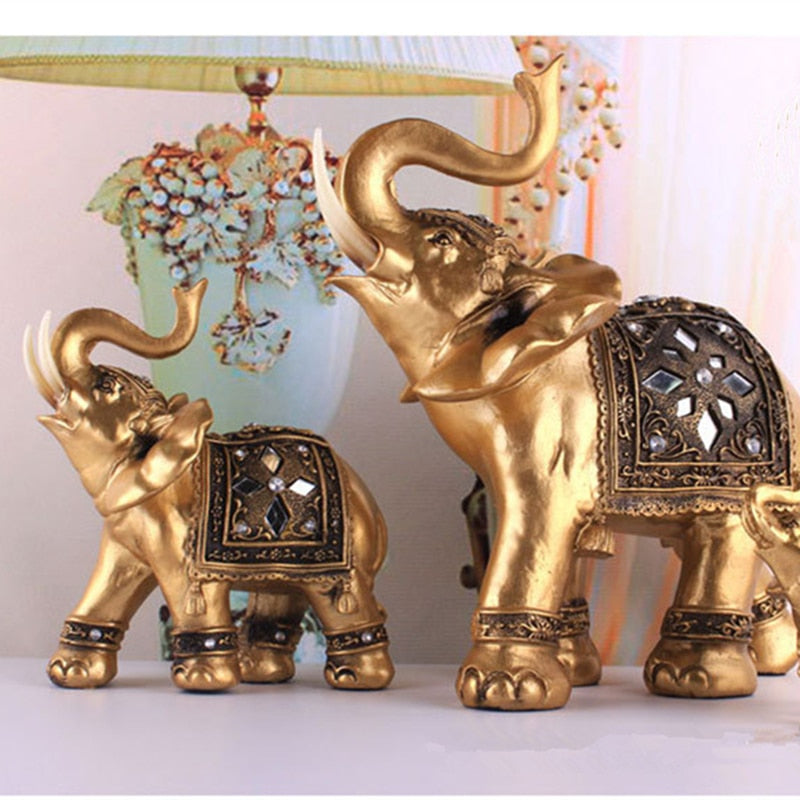 Golden Resin Elephant Statue Feng Shui Elegant Elephant Trunk Sculpture Lucky Wealth Figurine Crafts Ornaments For Home Decor