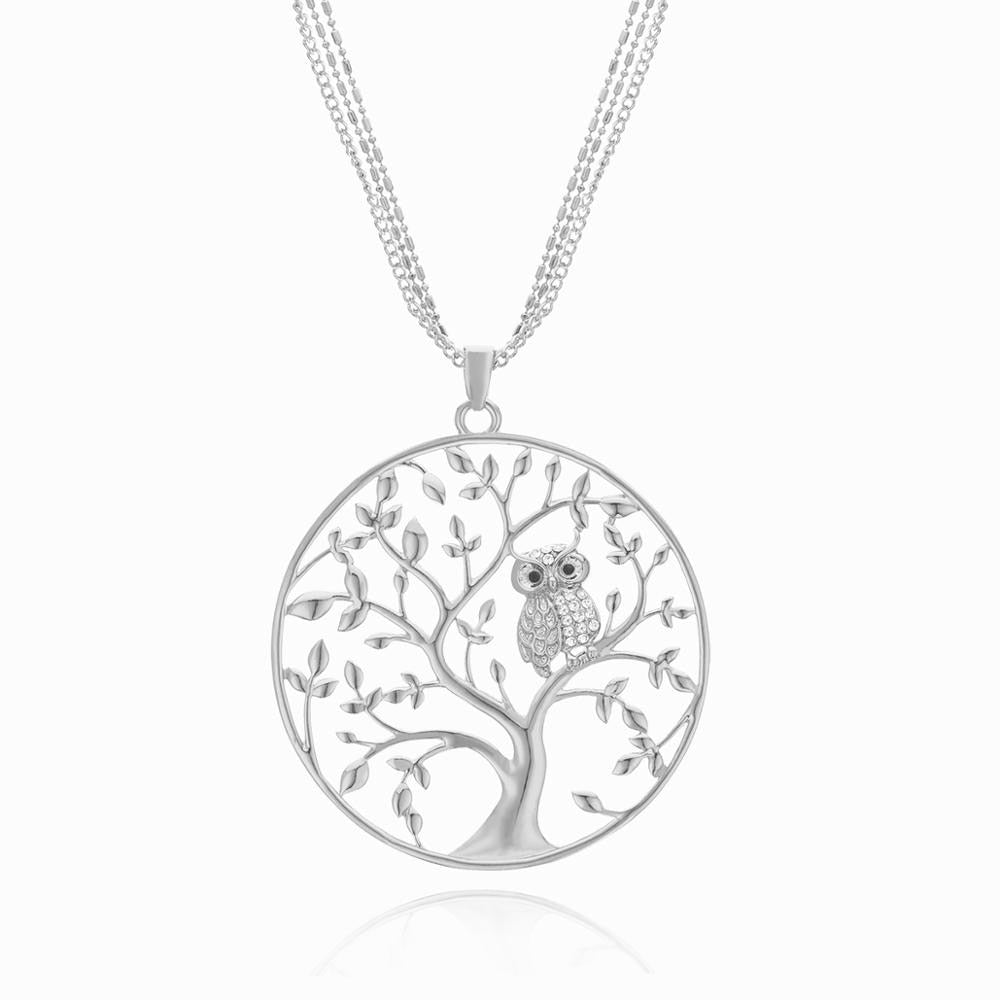 Gold Silvery Owl Necklaces for Women female Statement Jewelry Gift Big Tree Of Life Pendant Layered Chain Long Necklace 2020