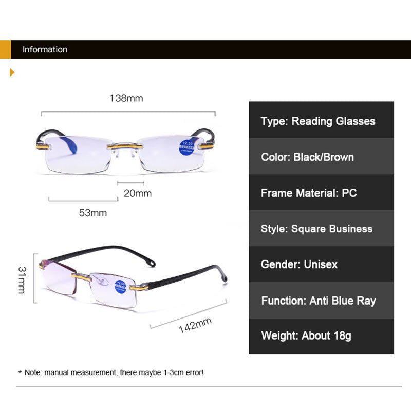 Ahora Square Rimless Reading Glasses Anti Blue Light Blocking Women Men Frameless Presbyopic Glasses With Case +1.5 2.0 2.5