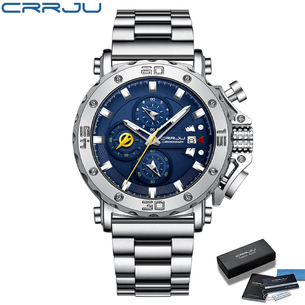 CRRJU Watch for Men Top Brand Luxury Big Dial Stainless Steel Waterproof Chronograph Wristwatches with Date Relogio Masculino