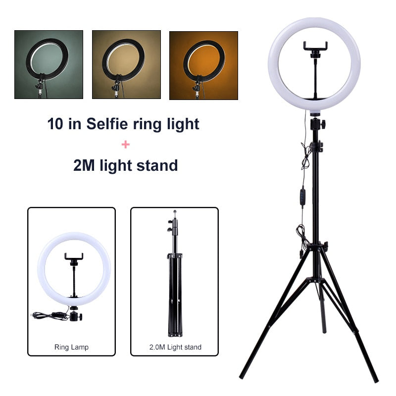 PYNSSEU 26cm LED Ring Light with 1.1/1.6/2.0M RGB lamp Stand Dimmable 10&quot; Selfie Ring Lamp with Phone Clip for Youtube Makeup