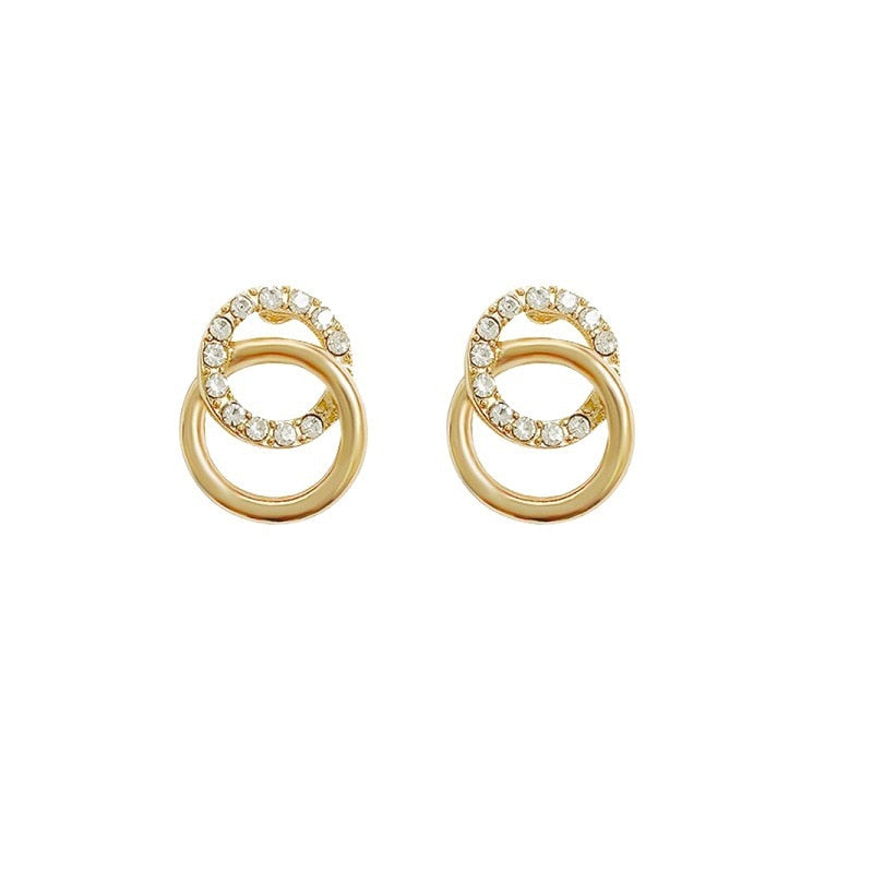 2021 Korean Simple Double Circle Gold Color Metal Rhinestone Drop Earrings For Women Fashion Small Pendientes Jewelry Gifts