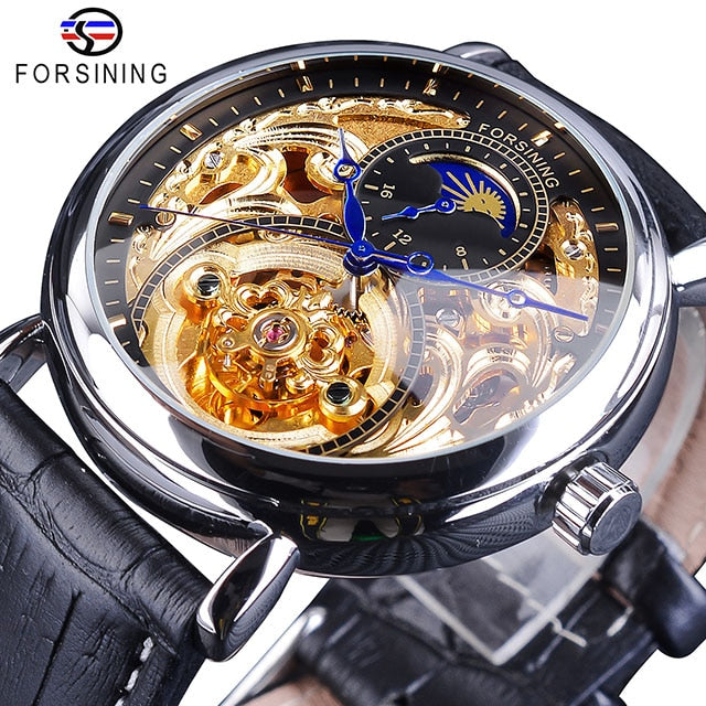 Forsining 2018 Royal Golden Skeleton Display Blue Hands Brown Genuine Leather Belt Mens