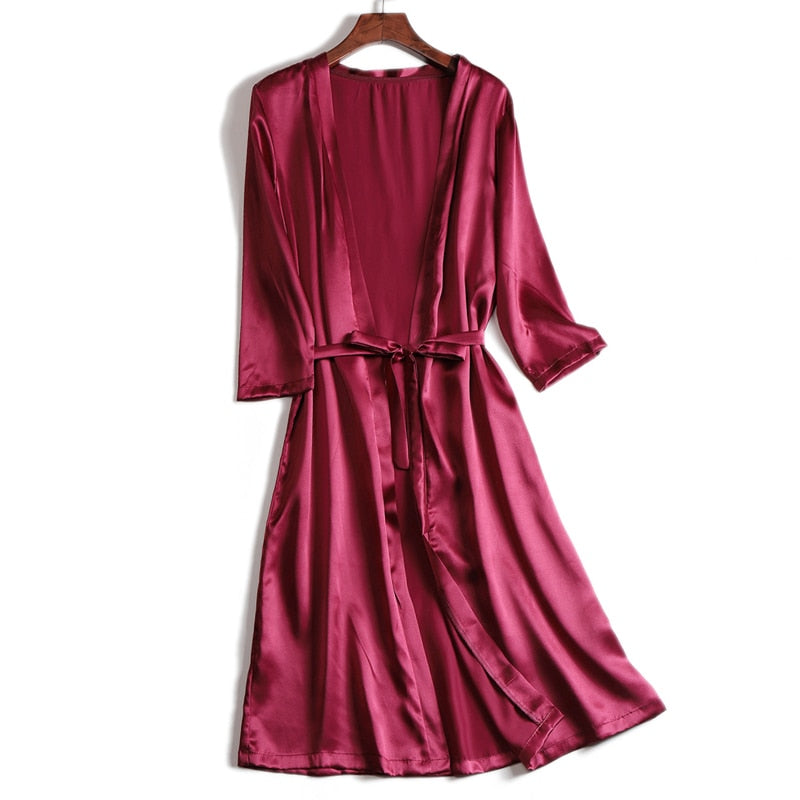 SuyaDream 100% Natural silk Women Robes Silk Satin Knee length robe Belted Healthy Sleep wear 2021 Spring Fall Home Wears Kimono