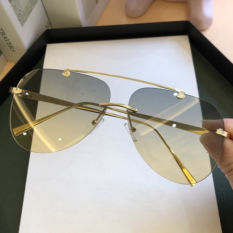 Vintage Rimless Alloy Aviation Pilot Sunglasses For Men 2020 Brand Gradient Sun Glasses Female Metal Oval Shades Black Brown