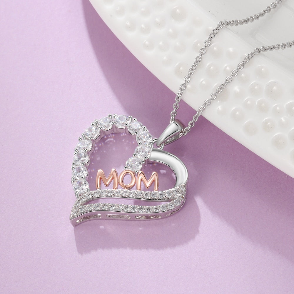 Genuine 925 Sterling Silver Women Necklaces Letter MOM Heart Shape CZ Necklaces Mother&#39;s Day Gift Fine Jewelry (Lam Hub Fong)