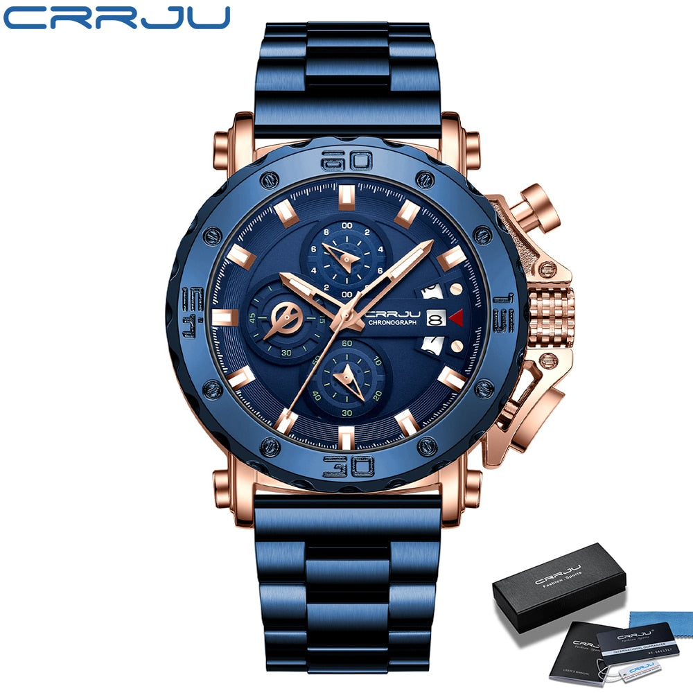 CRRJU Watch for Men Top Brand Luxury Big Dial Stainless Steel Waterproof Chronograph Wristwatches with Date Relogio Masculino