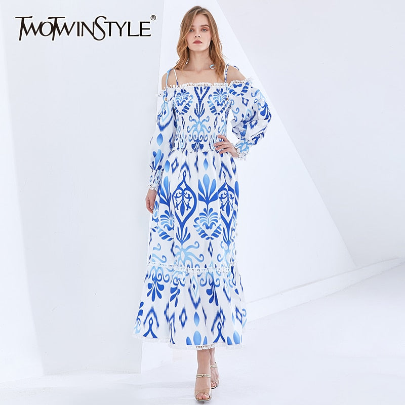 TWOTWINSTYLE Vintage Print Women's Dress Slash Neck Long Sleeve High Waist Hit Color Dresses Female Fashion New Clothing 2022