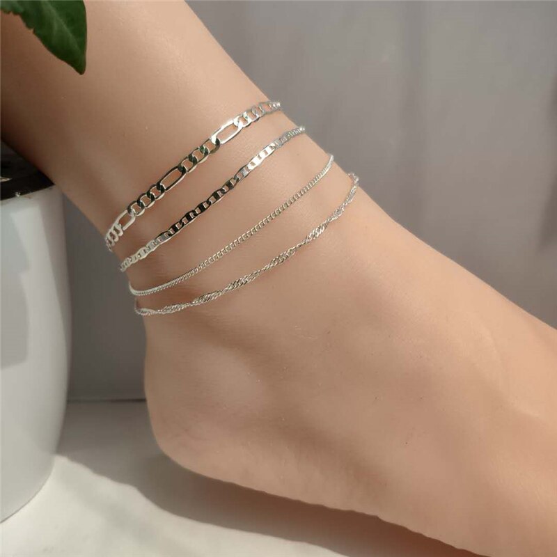 4 PCS/Set Simple Figaro Chain Anklets for Women Fashion Gold Silver Color Ankle Bracelet on Leg 2021 Bohemian Beach Foot Jewelry