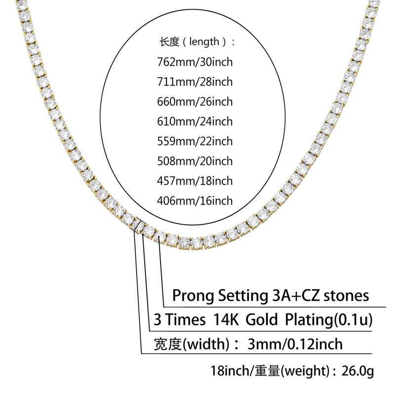 JINAO Hip Hop Iced Out 3-6mm Chain Spring buckle Micro Pave Cubic Zircon Copper Stone Tennis Chain Necklace for Men Women Gifts