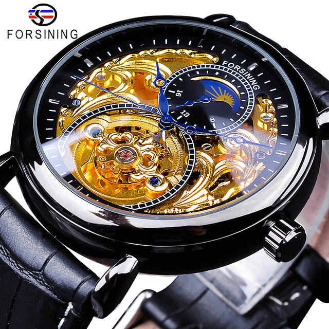 Forsining 2018 Royal Golden Skeleton Display Blue Hands Brown Genuine Leather Belt Mens