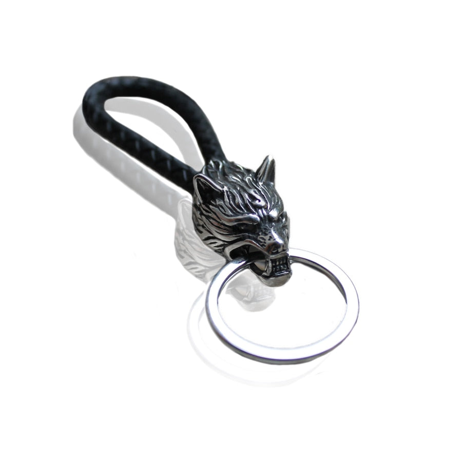 316L stainless steel Viking wolf keychain leather car Automobile Men's waist buckle key chain Werewolf Keychain Ring Keybob