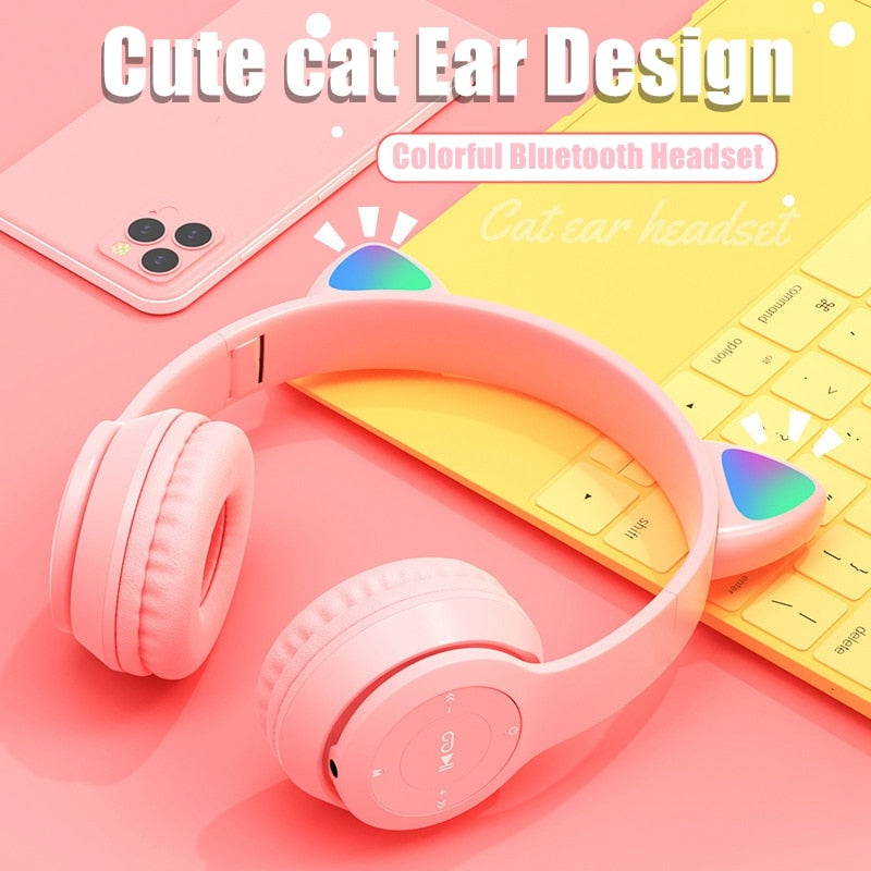 Pink Girl Wireless Headphones RGB Cute Cat Ears Headset With Microphone Noise Cancelling Kid Stereo Music casco Children&#39;s Gifts