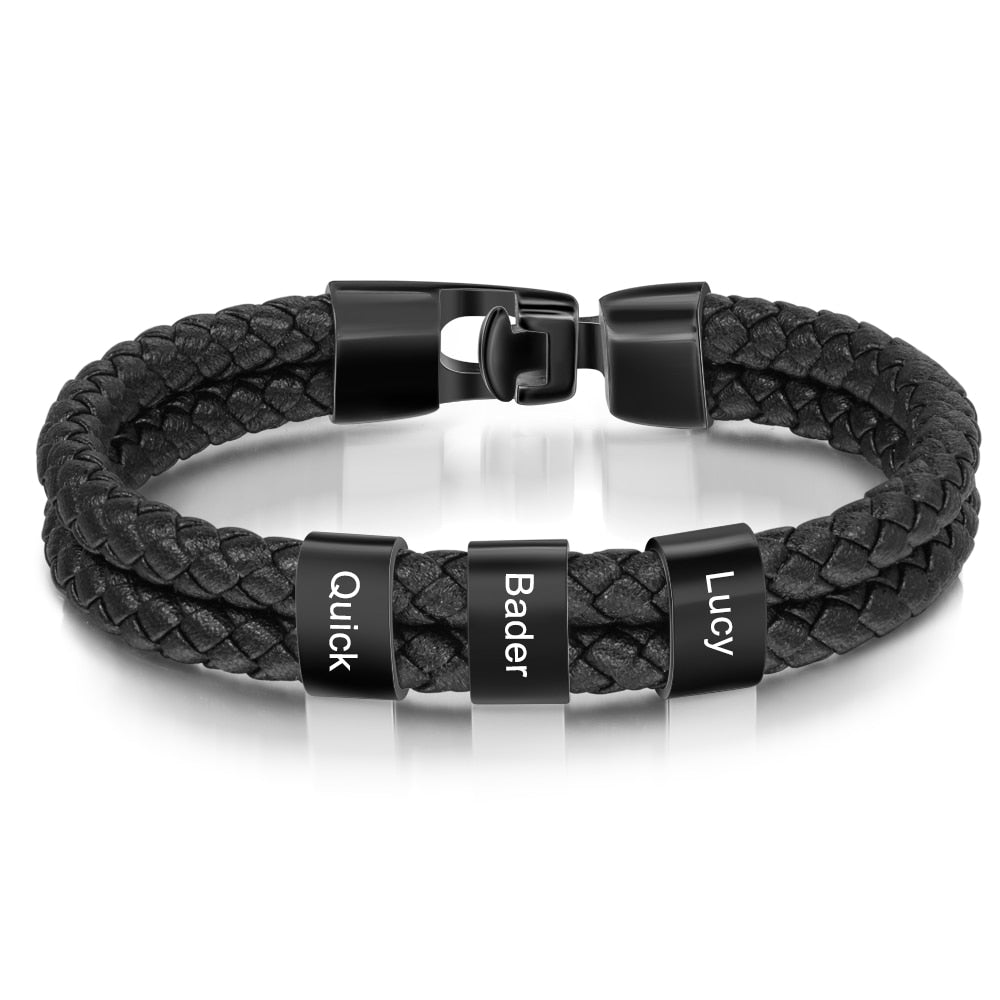 JewelOra Personalized Engraved Family Name Beads Bracelets Black Braided Leather Stainless Steel Bracelets for Men Fathers