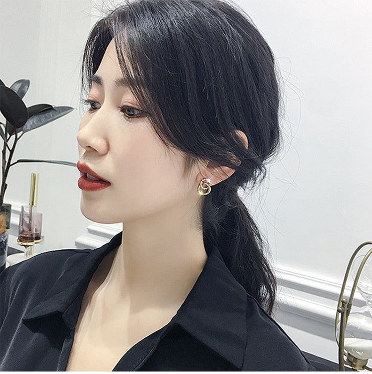 2021 Korean Simple Double Circle Gold Color Metal Rhinestone Drop Earrings For Women Fashion Small Pendientes Jewelry Gifts