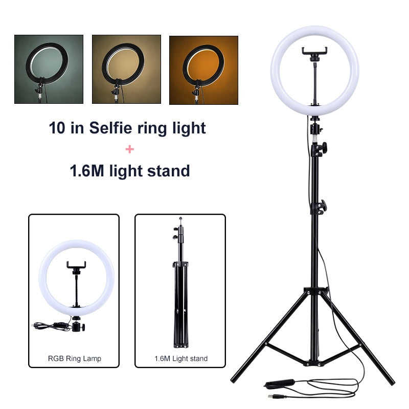 PYNSSEU 26cm LED Ring Light with 1.1/1.6/2.0M RGB lamp Stand Dimmable 10&quot; Selfie Ring Lamp with Phone Clip for Youtube Makeup