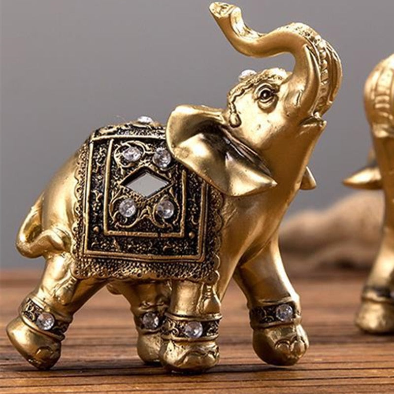 Golden Resin Elephant Statue Feng Shui Elegant Elephant Trunk Sculpture Lucky Wealth Figurine Crafts Ornaments For Home Decor