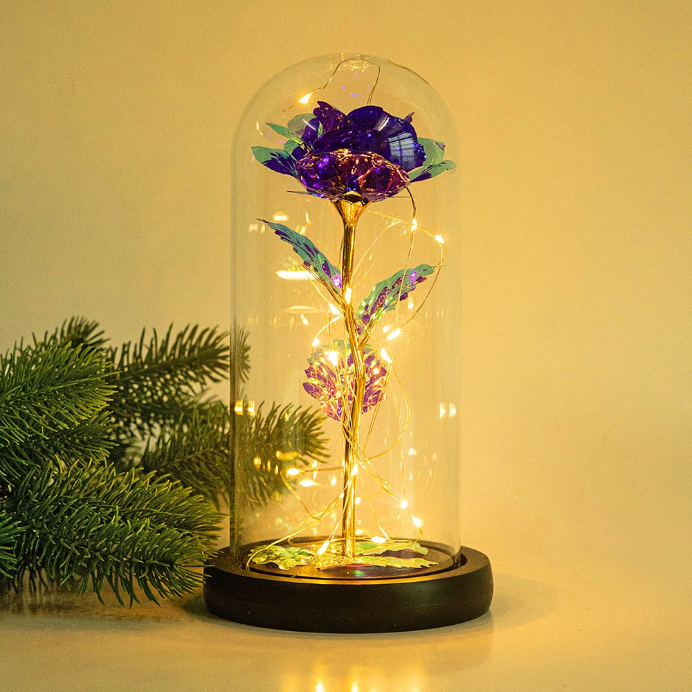 Artificial Eternal Rose LED Light Beauty The Beast In Glass Gold Foil Flower Valentine&#39;s Day Gift Enchanted Rose Fairy Lights