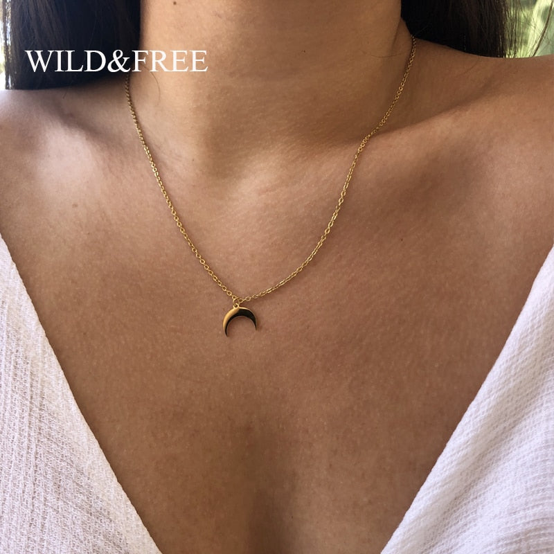 Wild&amp;Free Gold Plated Triangle Moon Star Pendant Necklace For Women Girls Short Geometric Charm Necklace ladies gift