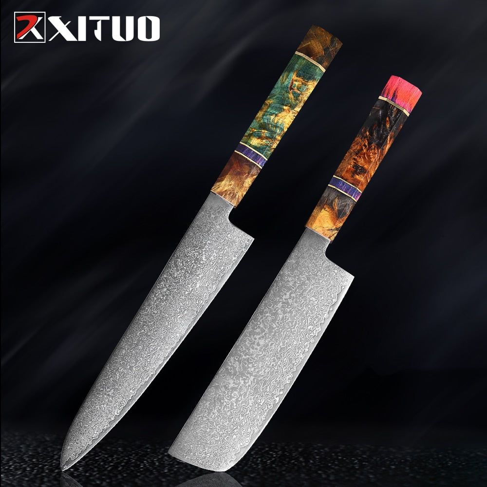 XITUO Damascus Kitchen Knife Set Chef Nakiri Knife 67 Layers Japanese Damascus Steel Chef Knife Razor Sharp Blade Colorful Wood