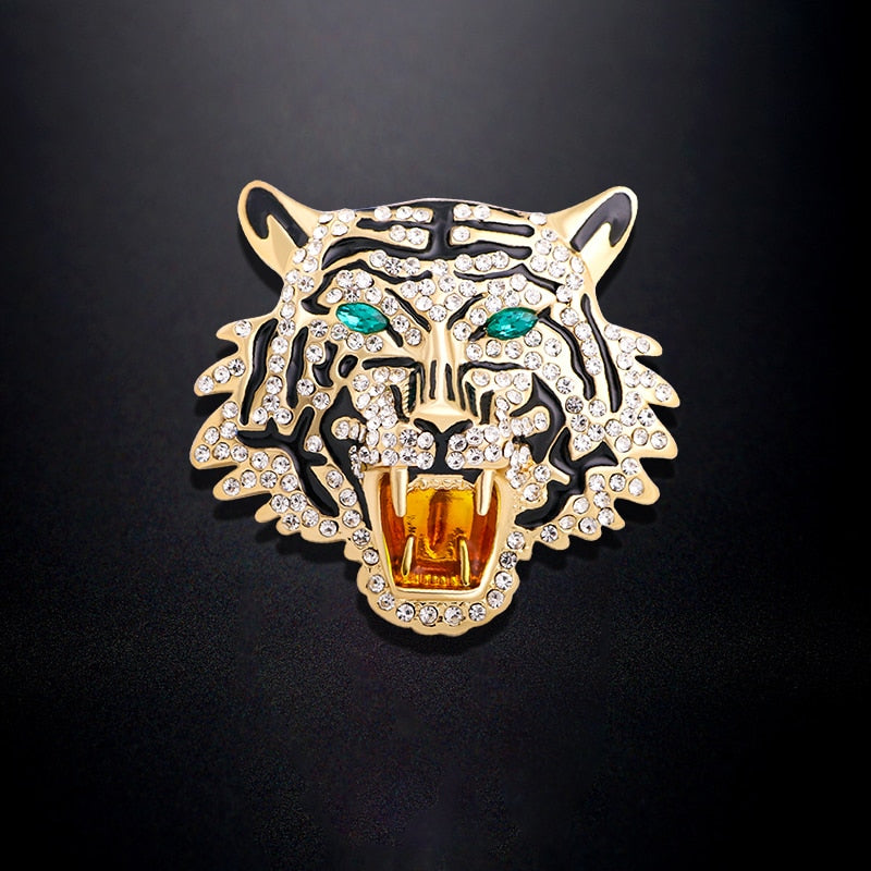 Wuli & baby Rhinestone Roaring Tiger Brooches Women Men Big Tiger Head Party Casual Brooch Pins Gifts