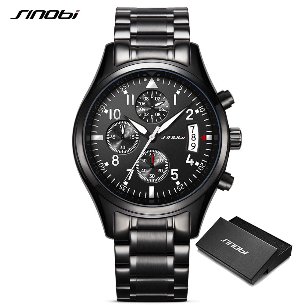 SINOBI High Quality Pilot Men&#39;s Chronograph Wrist Watch Waterproof Luxury Brand Stainless Steel Diver Males Geneva Quartz Clock