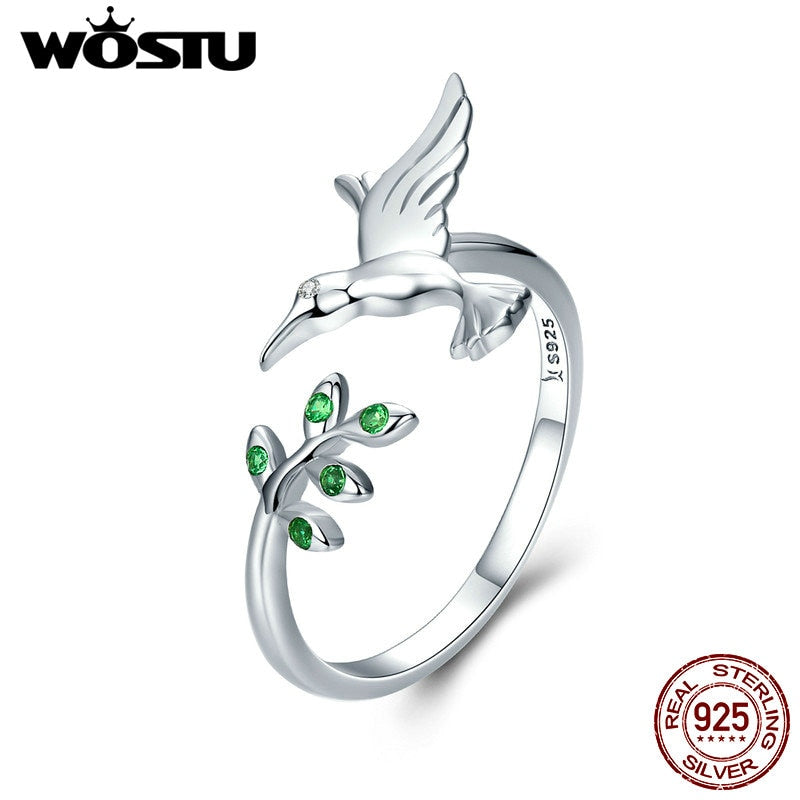 WOSTU Authentic 925 Sterling Silver Hummingbird &amp; Leaves Ring For Women Nature Style S925 Silver Jewelry Gift CQR323