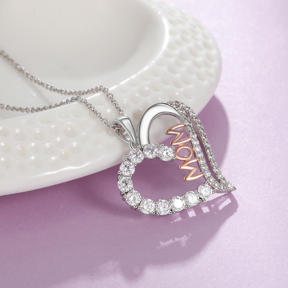 Genuine 925 Sterling Silver Women Necklaces Letter MOM Heart Shape CZ Necklaces Mother&#39;s Day Gift Fine Jewelry (Lam Hub Fong)