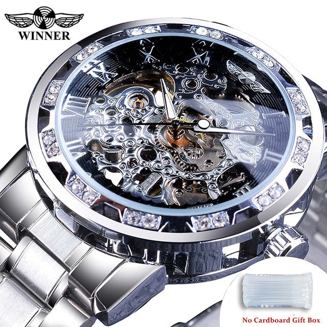 Winner Transparent Fashion Diamond Luminous Gear Movement Royal Design Men Top Brand Luxury Male Mechanical Skeleton Wrist Watch