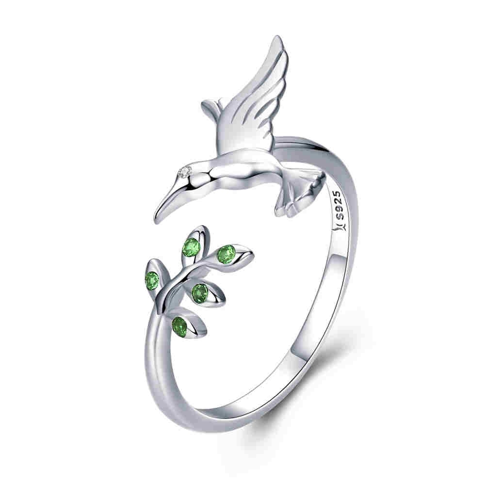 WOSTU Authentic 925 Sterling Silver Hummingbird &amp; Leaves Ring For Women Nature Style S925 Silver Jewelry Gift CQR323